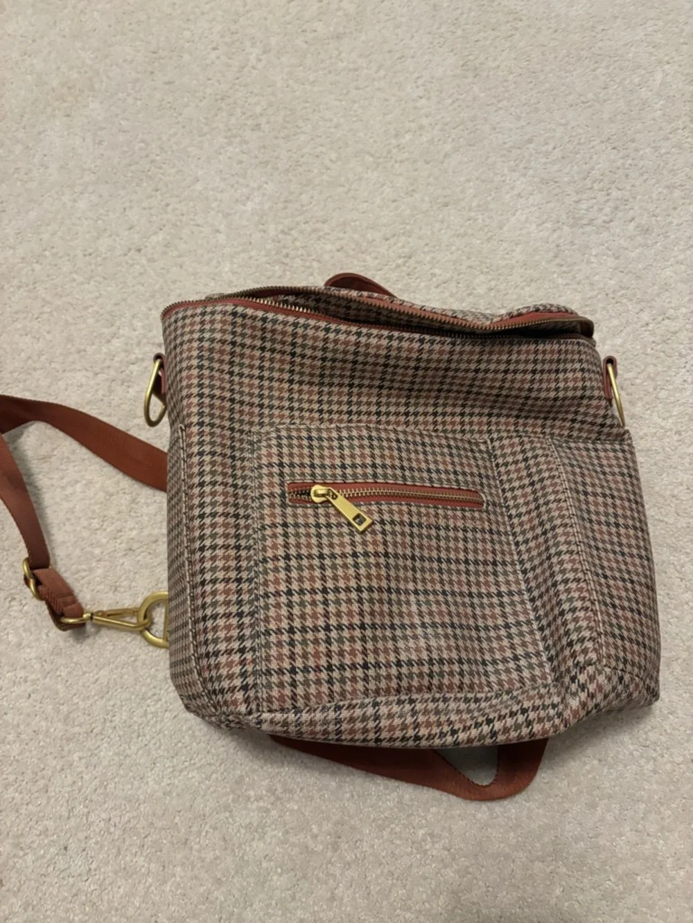 Fawn Design Plaid Convertible Backpack in Brown and Tan with Rust Trim